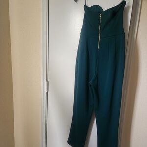 Express Teal Strapless Jumpsuit with Gold Zipper